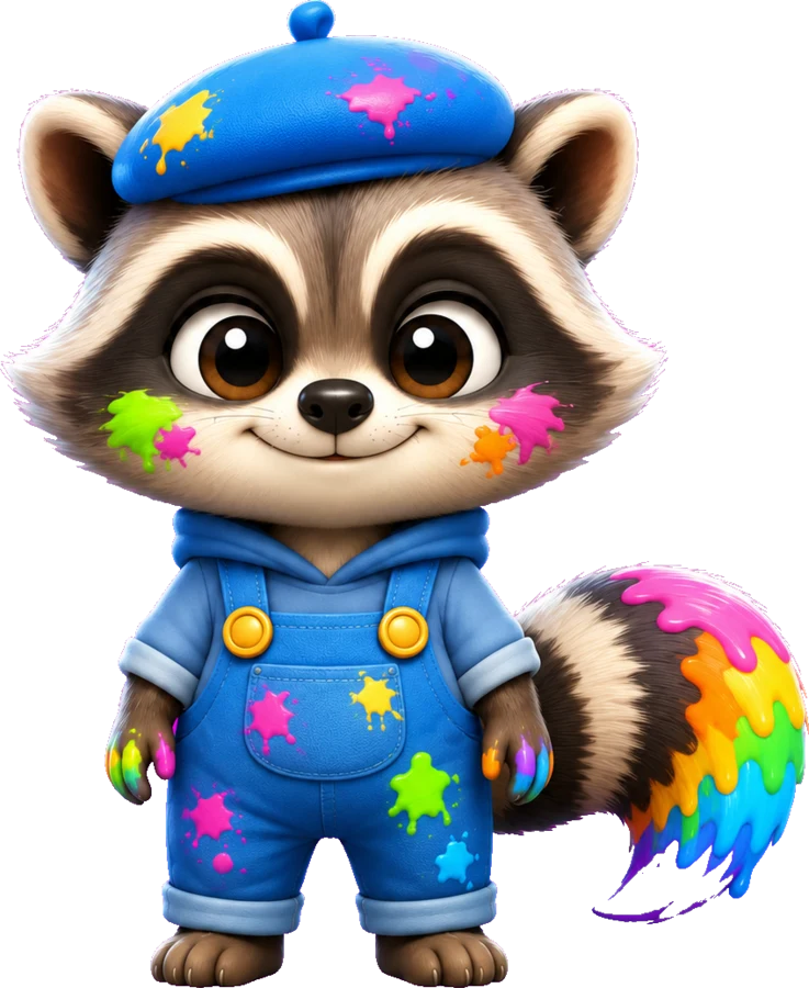 The Chromaroll mascot — a raccoon in paint-splattered overalls with a rainbow paint tail
